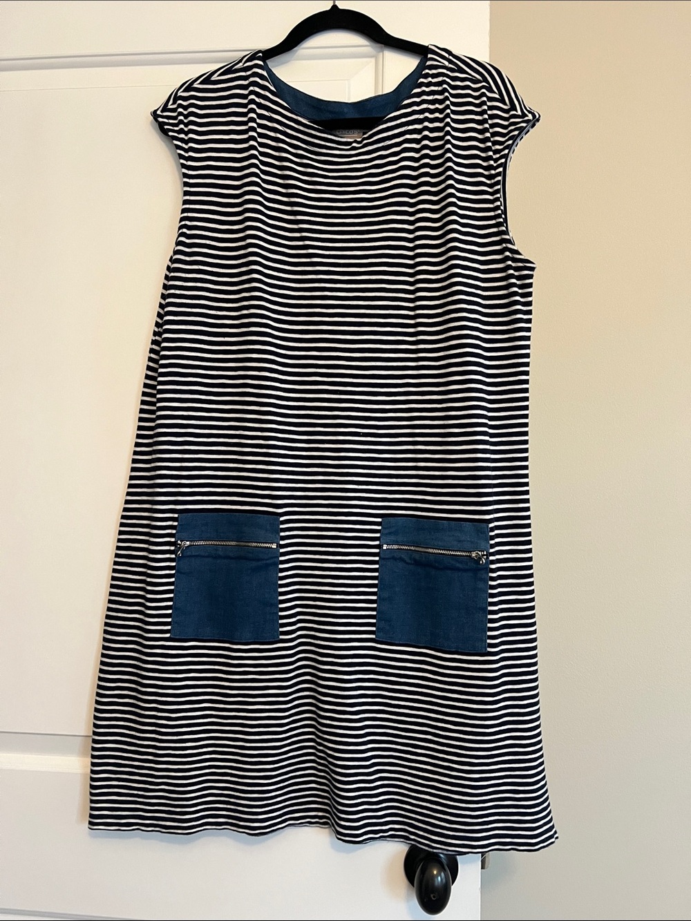 Chico's Navy and White Striped Casual Shift Dress with Patch Pockets. Size 3